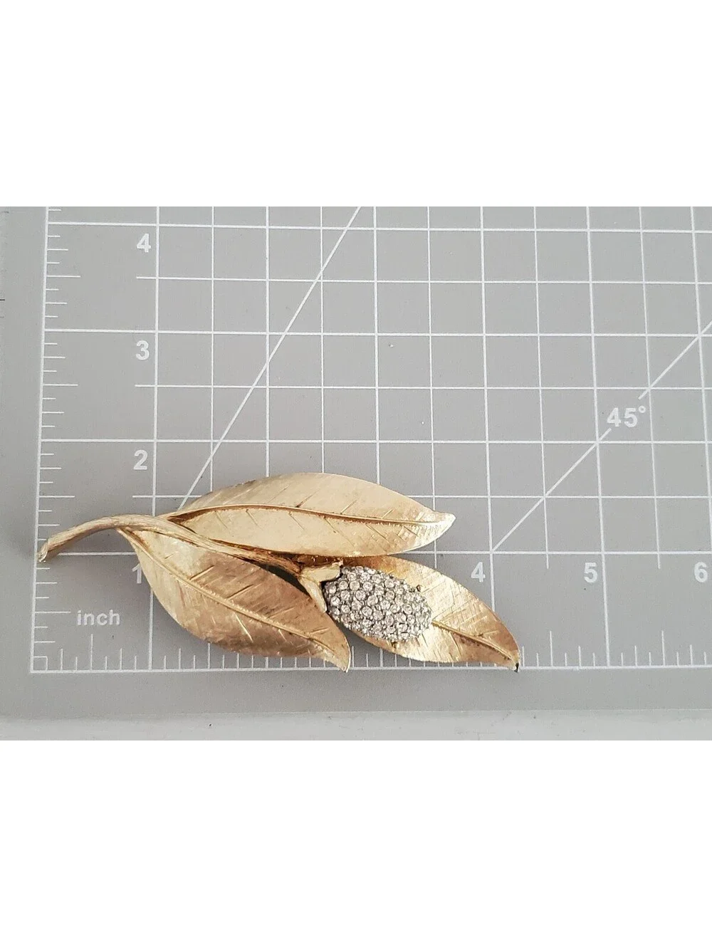 Vintage Signed BSK Flower Pod Textured Gold Tone & White Rhinestone Large Brooch